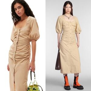 GANNI Beige Organic Cotton Puff Short Sleeve Button Front Ruched Scandi Dress L